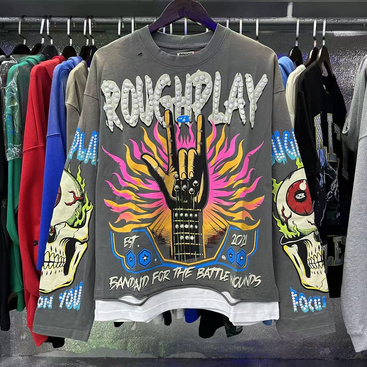 Vintage Rock Hand Skull Graphic Oversized Long Sleeve T-Shirt – Gray