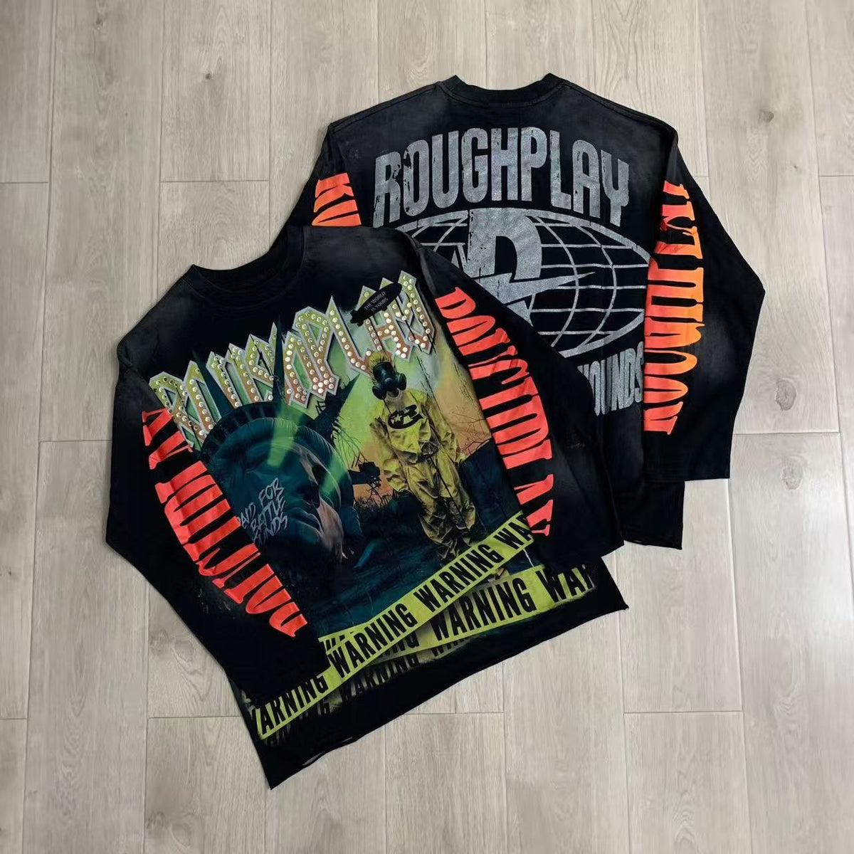 Vintage Washed Hazard Graphic Oversized Long Sleeve T-Shirt