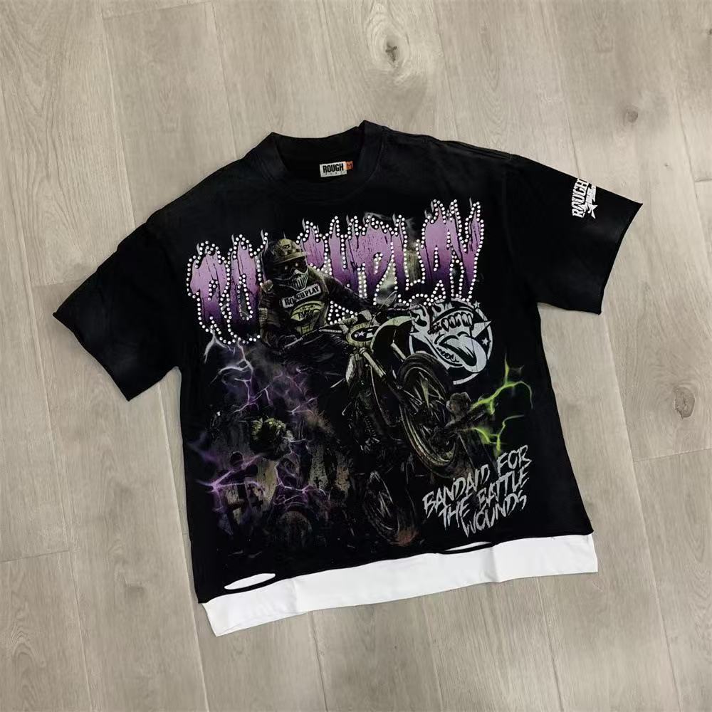 Vintage Motorcycle Graphic Oversized T Shirt Men Black Streetwear Short Sleeve Casual Tee