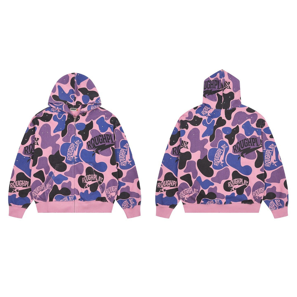 ROUGHPLAY Pink Camo Full Zip Hoodie – Oversized All-Over Print Streetwear Zip-Up Jacket