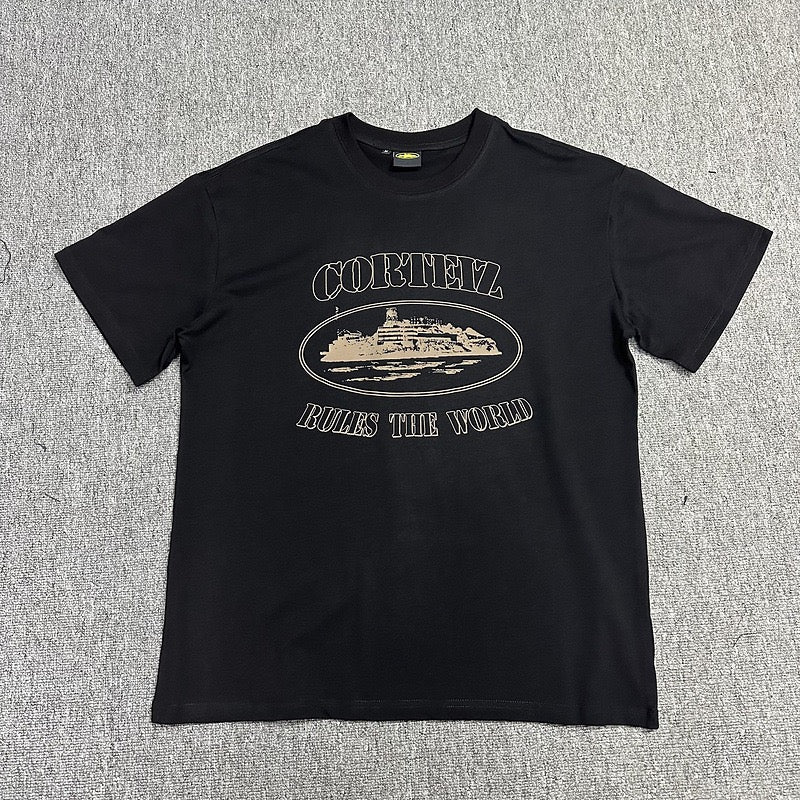 Beige Graphic Print Black T-Shirt Unisex Streetwear Casual Short Sleeve Tee
