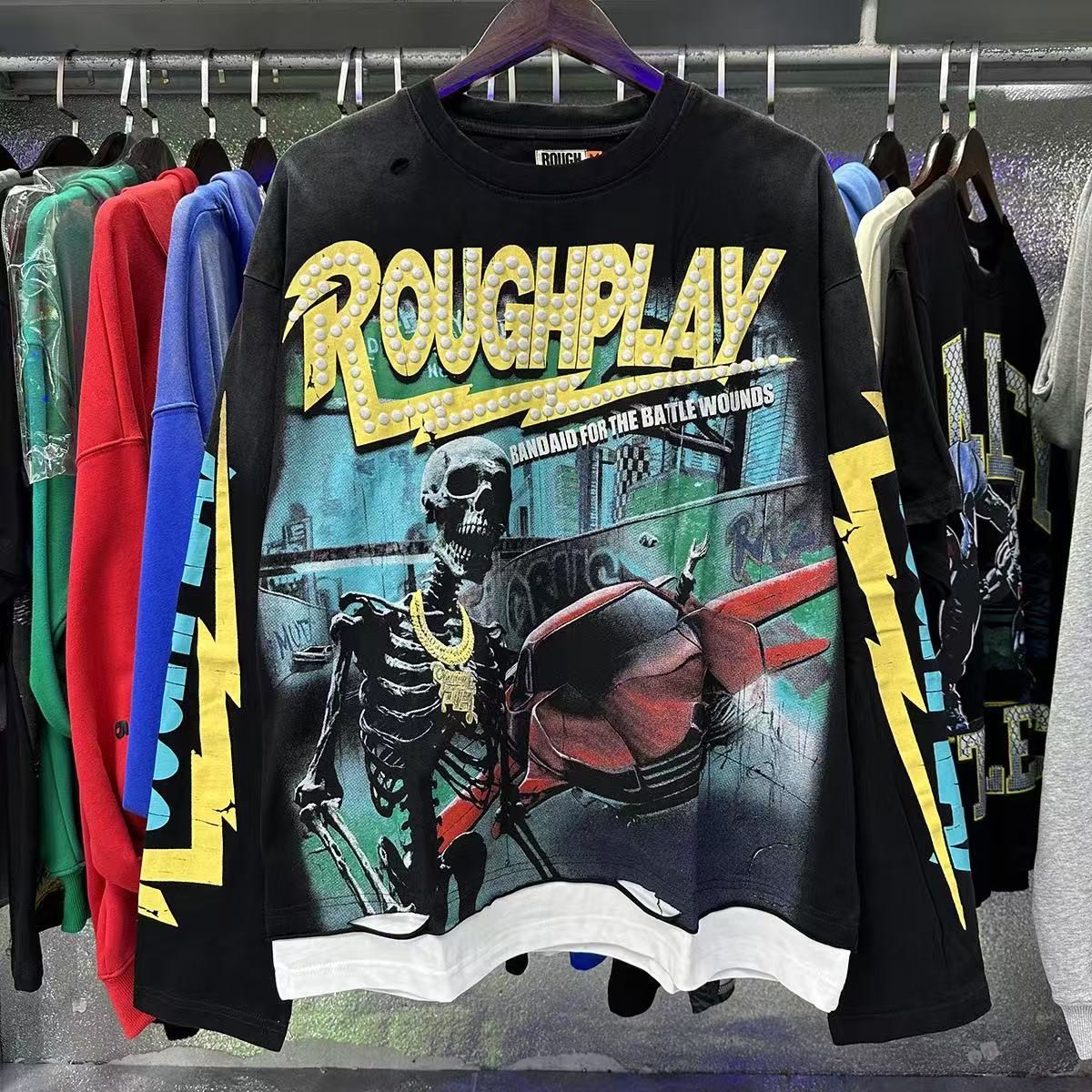 Vintage Skeleton Airplane Graphic Oversized Long Sleeve T-Shirt – Distressed Streetwear Cotton Tee
