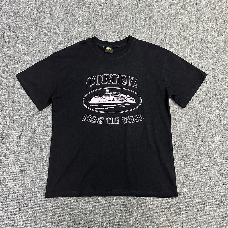 White Graphic Print Black T-Shirt Unisex Streetwear Casual Short Sleeve Tee