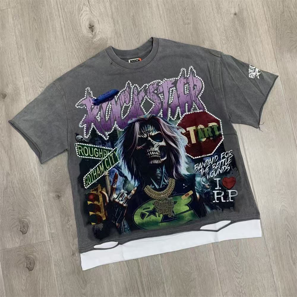 Vintage Skull Graphic Oversized T Shirt Men Washed Gray Streetwear Short Sleeve Tee