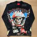 GodSpeed Washed Black Racing Skull Graphic Long Sleeve T-Shirt