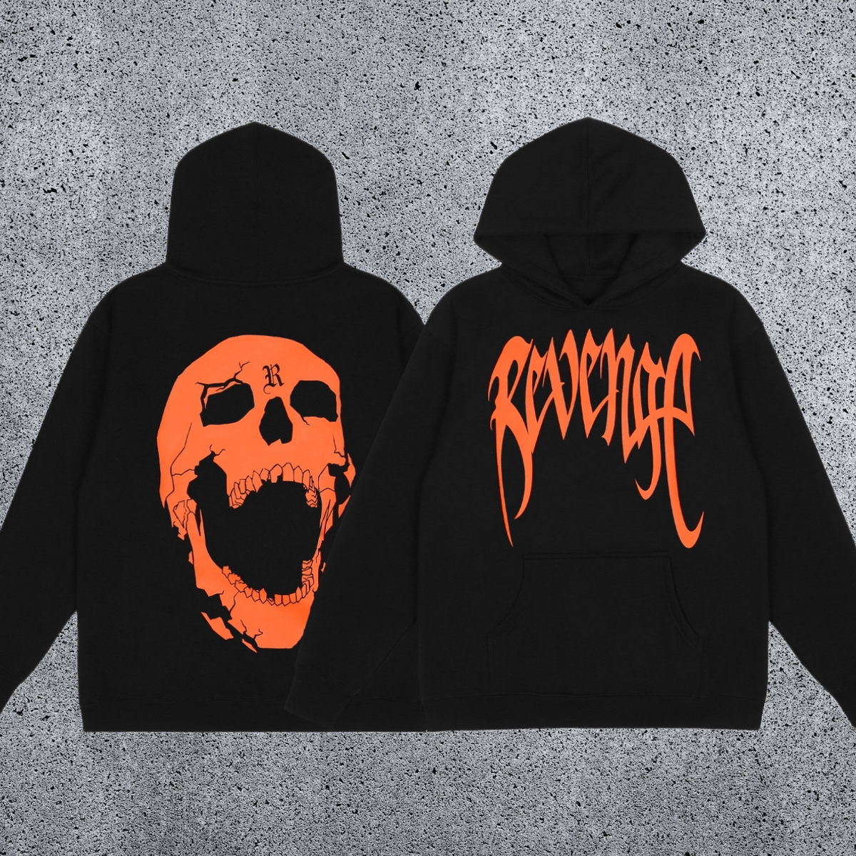 REVENGE Orange Skull Graphic Pullover Hoodie