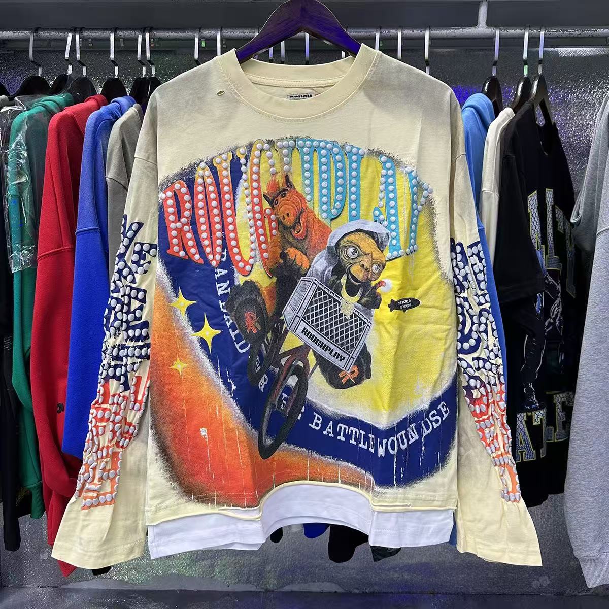 Vintage Cartoon Bicycle Graphic Oversized Long Sleeve T-Shirt – Cream