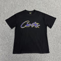Purple Yellow Graphic Print Black T-Shirt Unisex Streetwear Casual Short Sleeve Tee