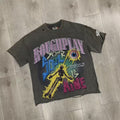 Roughplay Cartoon Graphic Oversized T-Shirt – Vintage Washed Streetwear Tee with Rhinestone Print