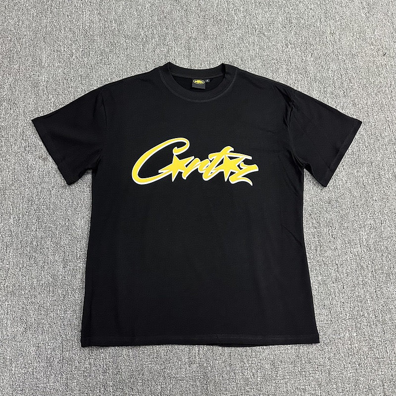 Yellow Graphic Print Black T-Shirt Unisex Streetwear Casual Short Sleeve Tee